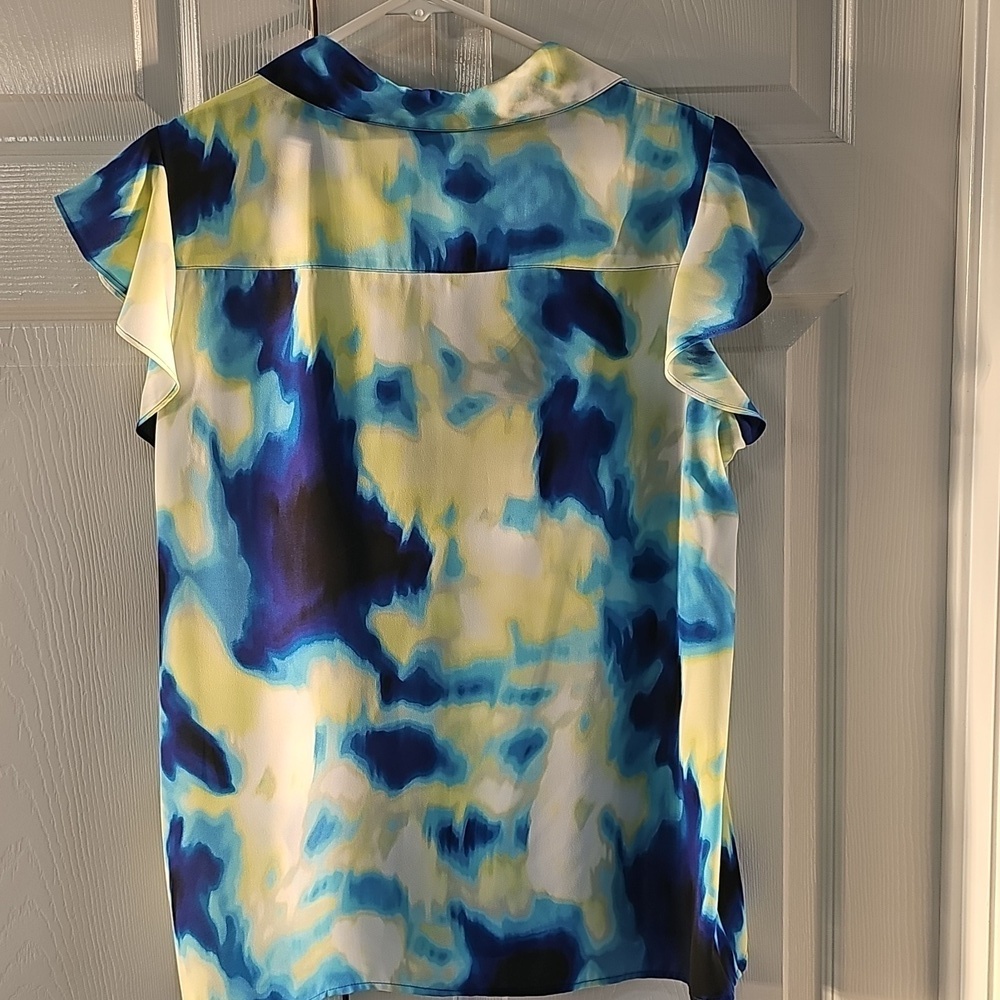 NWT Calvin Klein Multicolored  Ruffles Capped Sleeve Button Down Top Large - Picture 9 of 15